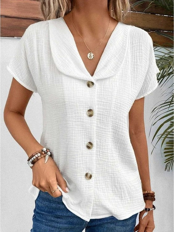 Blouse - Vrouwen kort mouw V-hals Button-Up Zomer Blouse-Boetiek Moda
