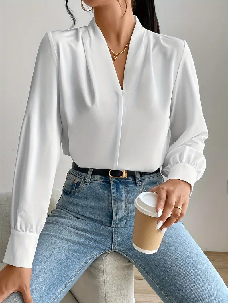 Blouse met V-hals - Elegante damesblouse - Lantaarnmouw - Lange mouwen - Vrouwenblouse-Boetiek Moda