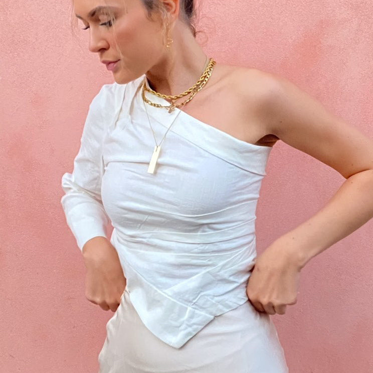 Blouse met één schouder - Witte top met één mouw voor dames-Boetiek Moda