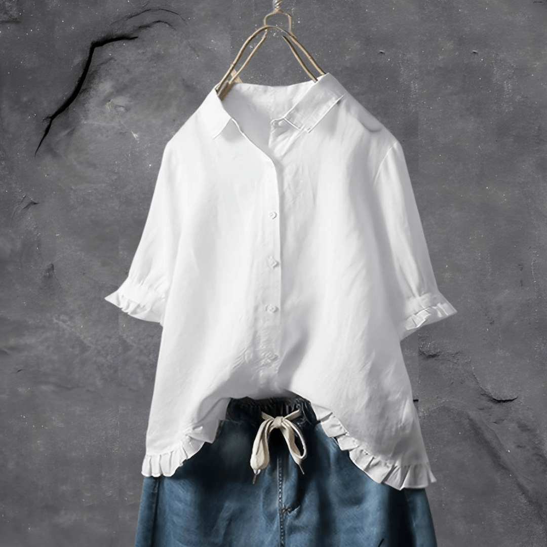 Blouse met korte mouwen - Dameshemd met oversized ruches en knoopsluiting-Boetiek Moda