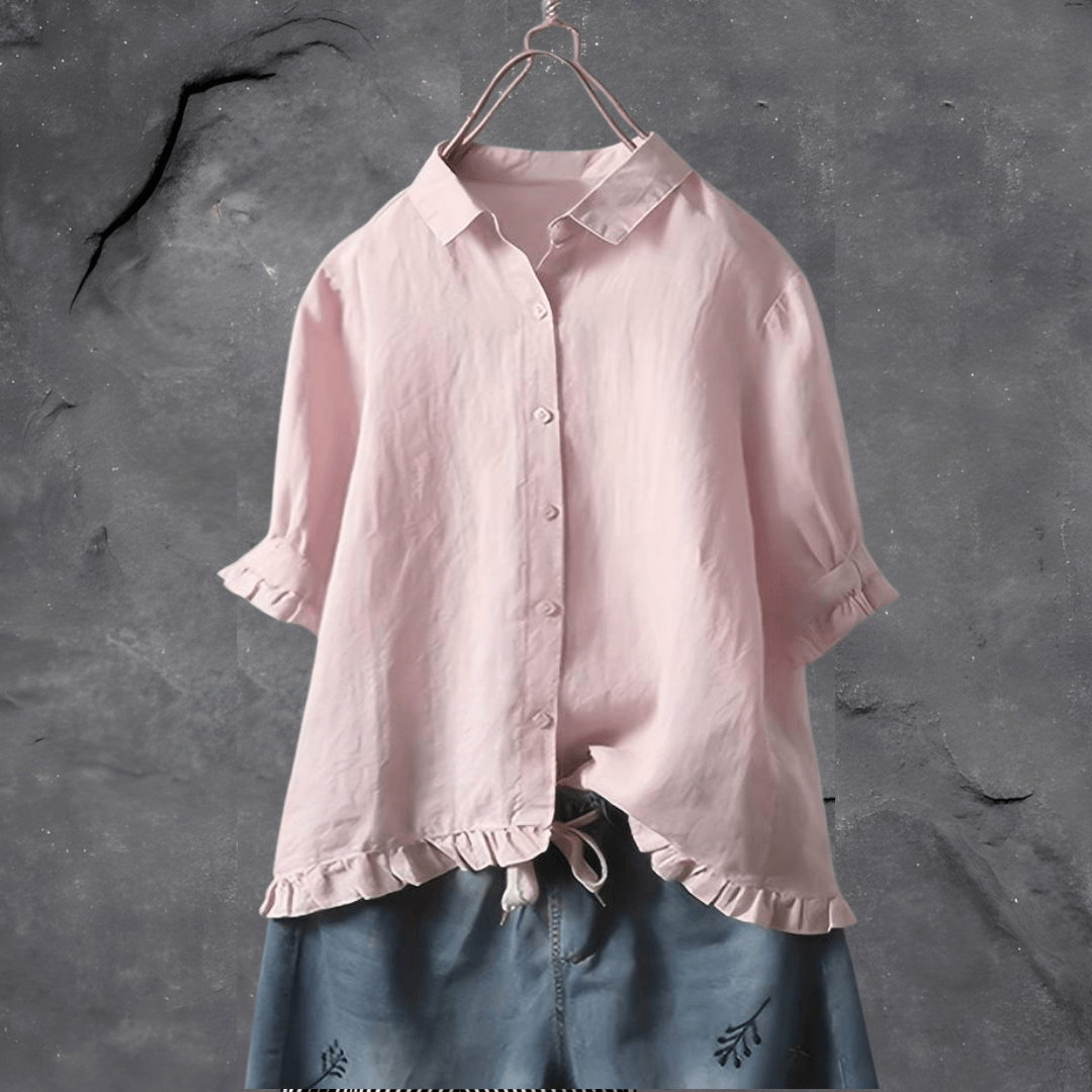 Blouse met korte mouwen - Dameshemd met oversized ruches en knoopsluiting-Boetiek Moda