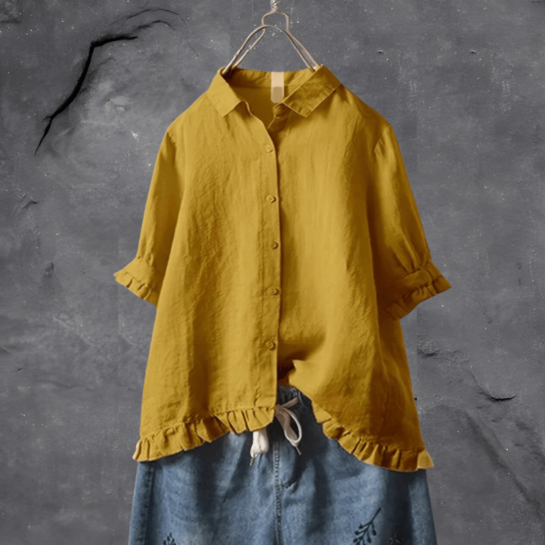 Blouse met korte mouwen - Dameshemd met oversized ruches en knoopsluiting-Boetiek Moda