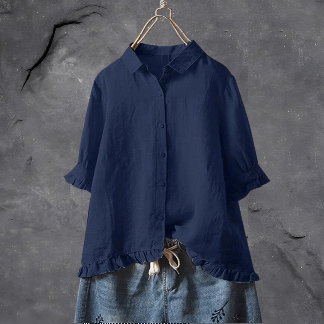 Blouse met korte mouwen - Dameshemd met oversized ruches en knoopsluiting-Boetiek Moda