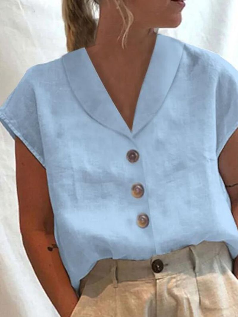 Blouse met korte mouwen - Knoopsluiting - Gekraagde blouse - Linnen blouse - Damesblouse-Boetiek Moda