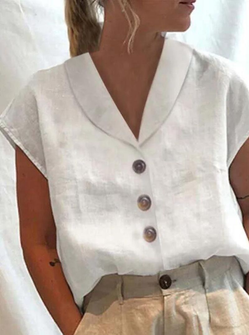 Blouse met korte mouwen - Knoopsluiting - Gekraagde blouse - Linnen blouse - Damesblouse-Boetiek Moda
