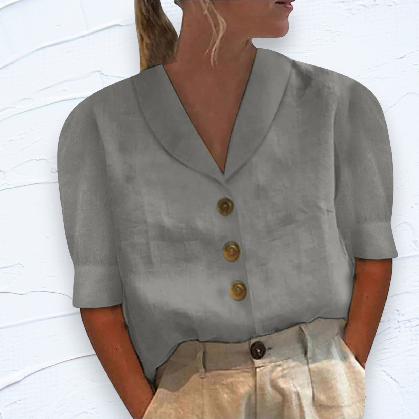 Blouse met korte mouwen | Losse pasvorm | Kraag | Knoopsluiting | Dames tops-Boetiek Moda