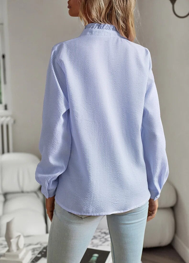 Blouse met ruches - Lange Mouw - Los model - Button-Up Top - Button-Up Shirt Vrouwen-Boetiek Moda
