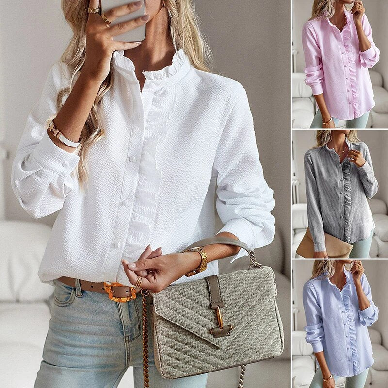 Blouse met ruches - Lange Mouw - Los model - Button-Up Top - Button-Up Shirt Vrouwen-Boetiek Moda