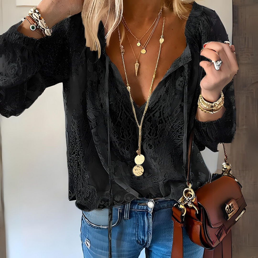 Boho Blouse | Kant | Los model | Blouse met V-hals | Top met lange mouwen-Boetiek Moda