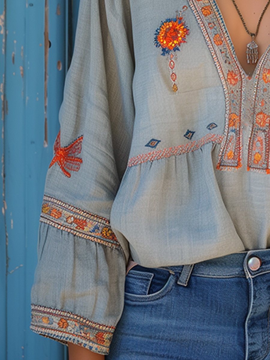 Boho Blouse | Losjes Positie | Geborduurd | Blouse Met Lange Mouwen | Zomer Blouse voor Vrouwen-Boetiek Moda