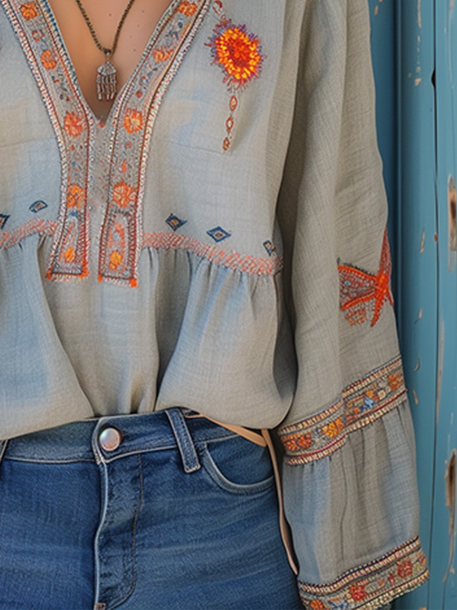 Boho Blouse | Losjes Positie | Geborduurd | Blouse Met Lange Mouwen | Zomer Blouse voor Vrouwen-Boetiek Moda