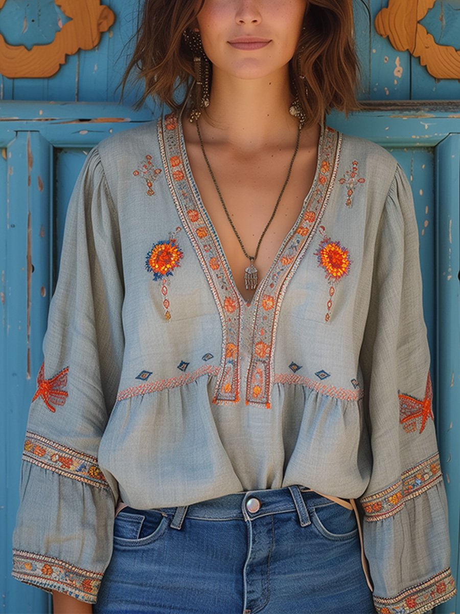 Boho Blouse | Losjes Positie | Geborduurd | Blouse Met Lange Mouwen | Zomer Blouse voor Vrouwen-Boetiek Moda