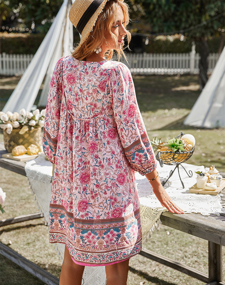 Boho Jurk - Lange Mouw - Bloemig - Mini Jurk - Zomer Jurk-Boetiek Moda