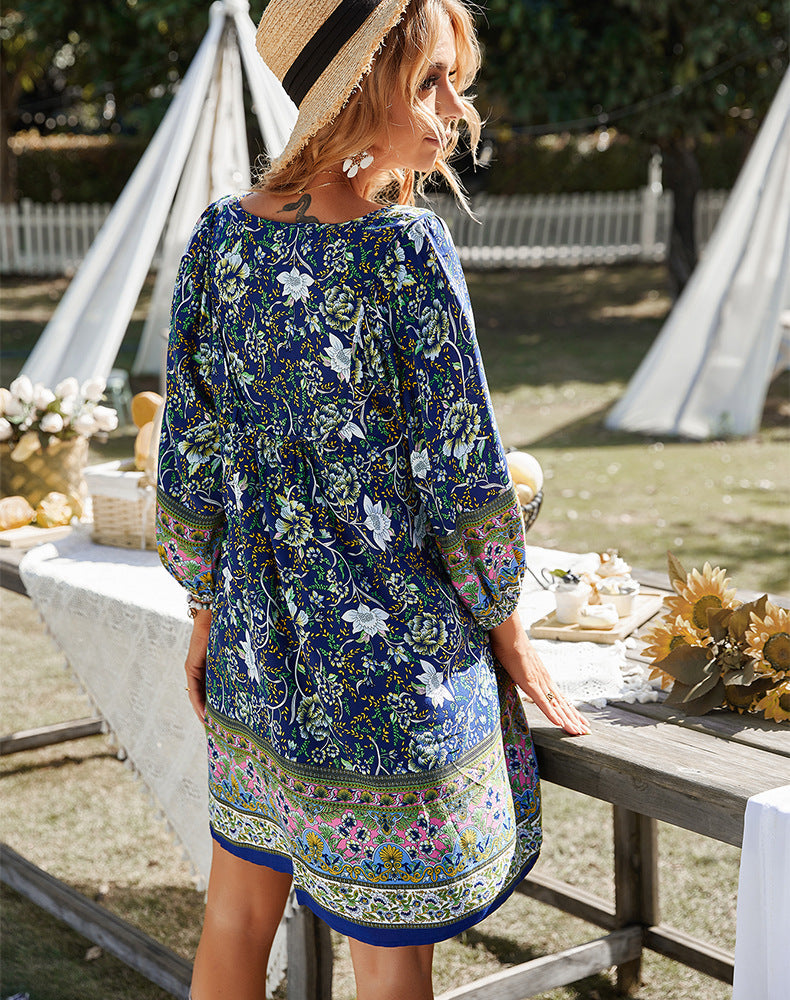 Boho Jurk - Lange Mouw - Bloemig - Mini Jurk - Zomer Jurk-Boetiek Moda