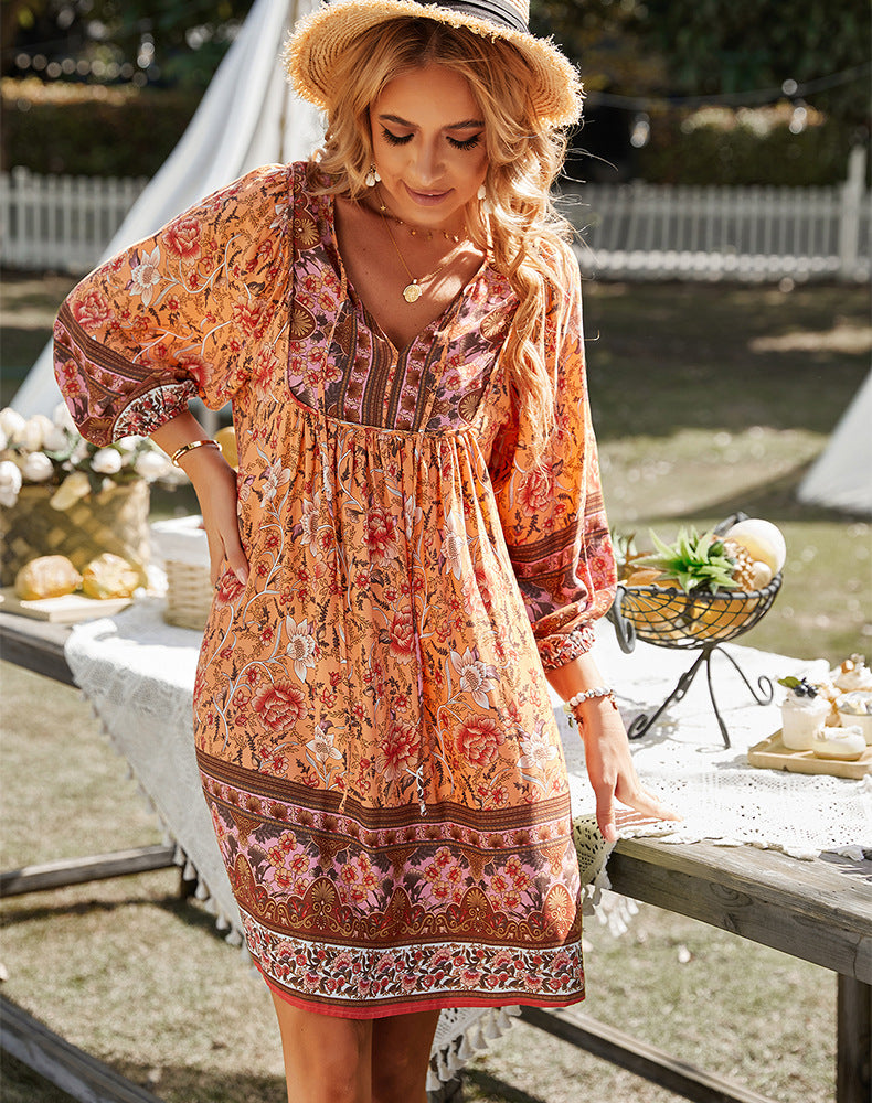 Boho Jurk - Lange Mouw - Bloemig - Mini Jurk - Zomer Jurk-Boetiek Moda