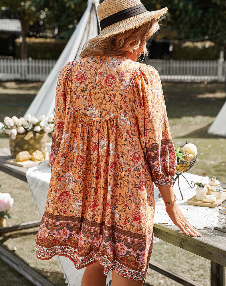 Boho Jurk - Lange Mouw - Bloemig - Mini Jurk - Zomer Jurk-Boetiek Moda