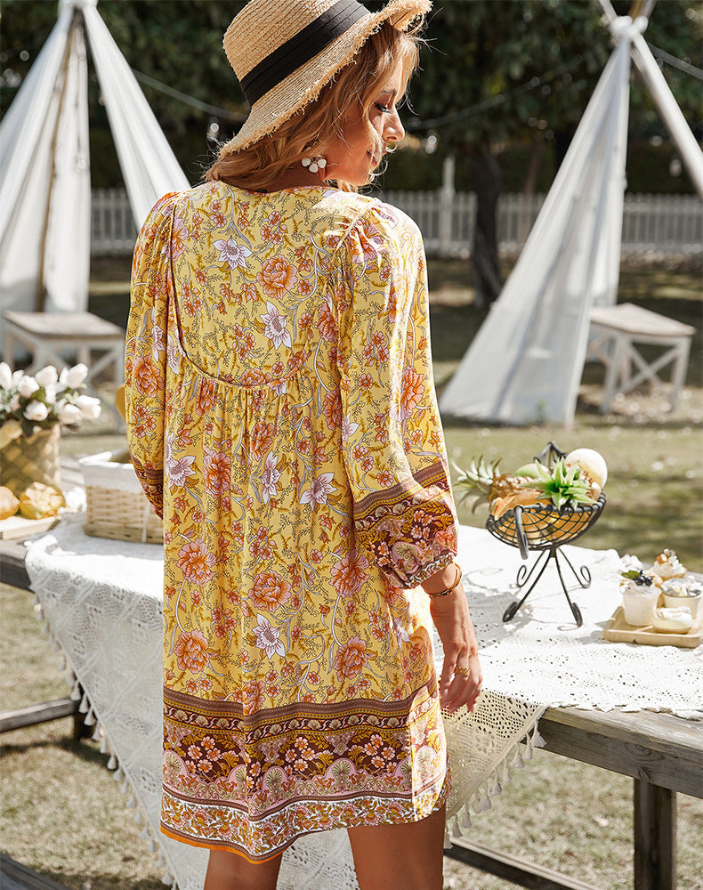 Boho Jurk - Lange Mouw - Bloemig - Mini Jurk - Zomer Jurk-Boetiek Moda