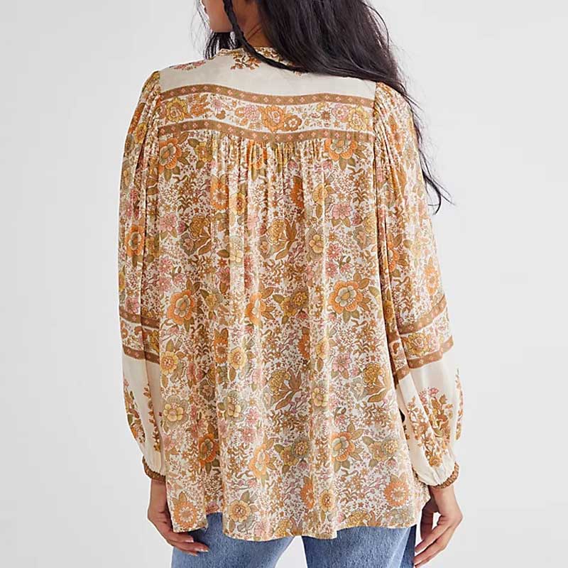 Boho-blouse - Losvallende damesblouse met knopen en lange mouwen met bloemenprint-Boetiek Moda