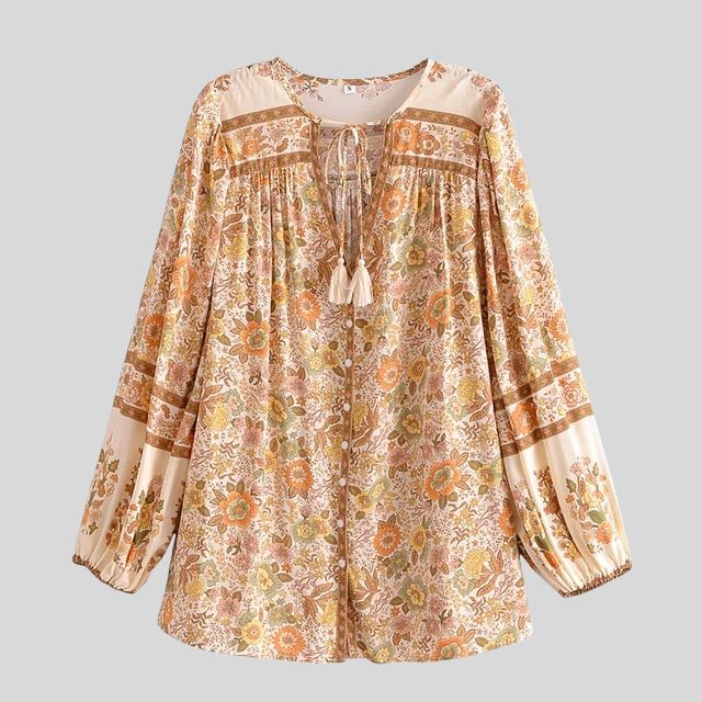 Boho-blouse - Losvallende damesblouse met knopen en lange mouwen met bloemenprint-Boetiek Moda