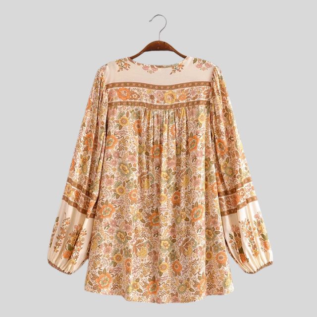 Boho-blouse - Losvallende damesblouse met knopen en lange mouwen met bloemenprint-Boetiek Moda