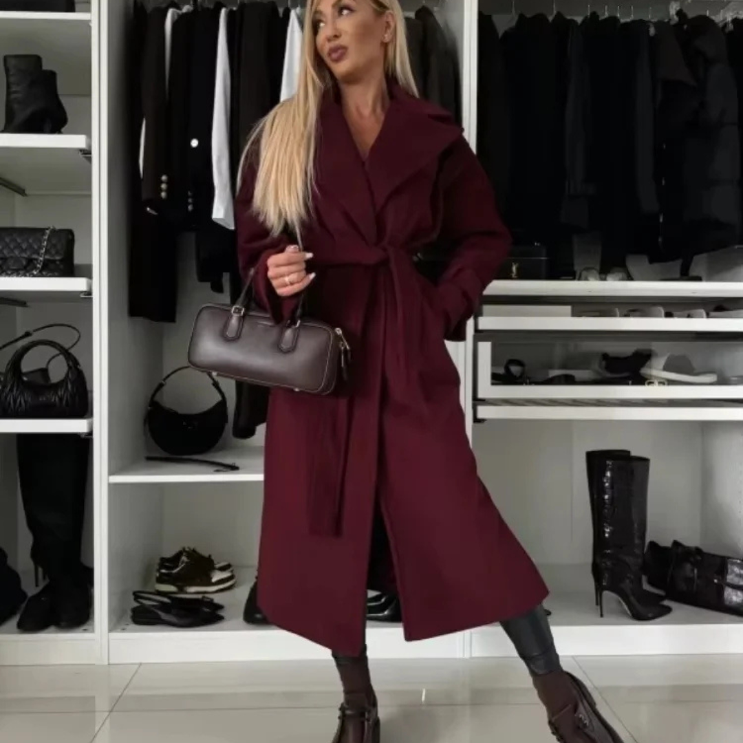Bourgondische trenchcoat - Lange wollen damesjas met ceintuur-Boetiek Moda