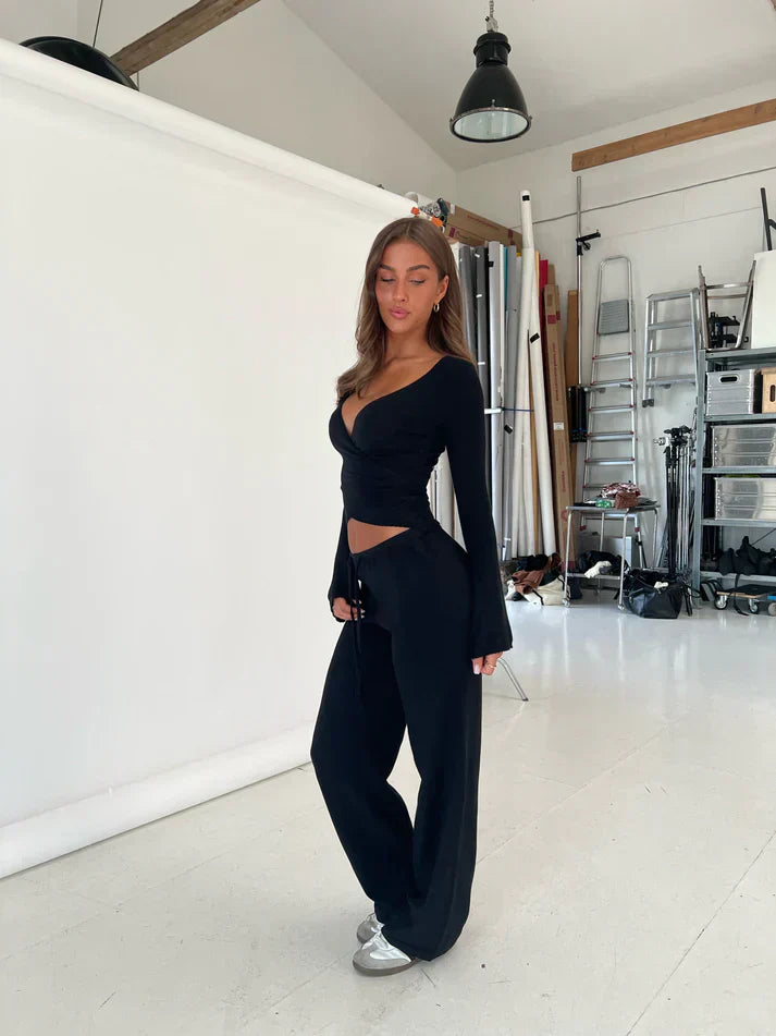 Broek en top set | Lange mouwen | V-hals | Tweedelige set | Dameskleding-Boetiek Moda