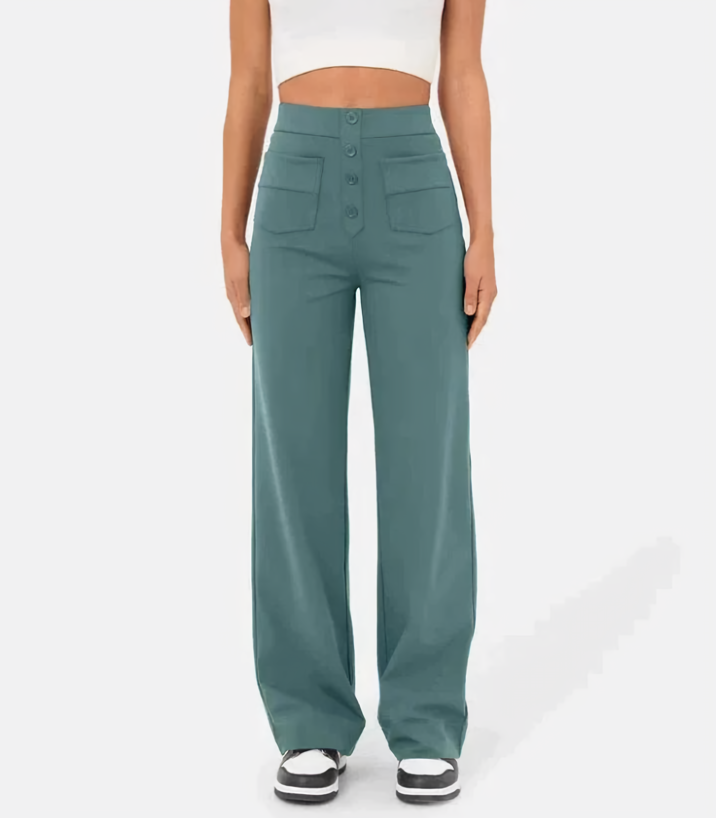 Broek met hoge taille | Elastische taille | Zakken | Broek met wijde pijpen | Dameskleding-Boetiek Moda