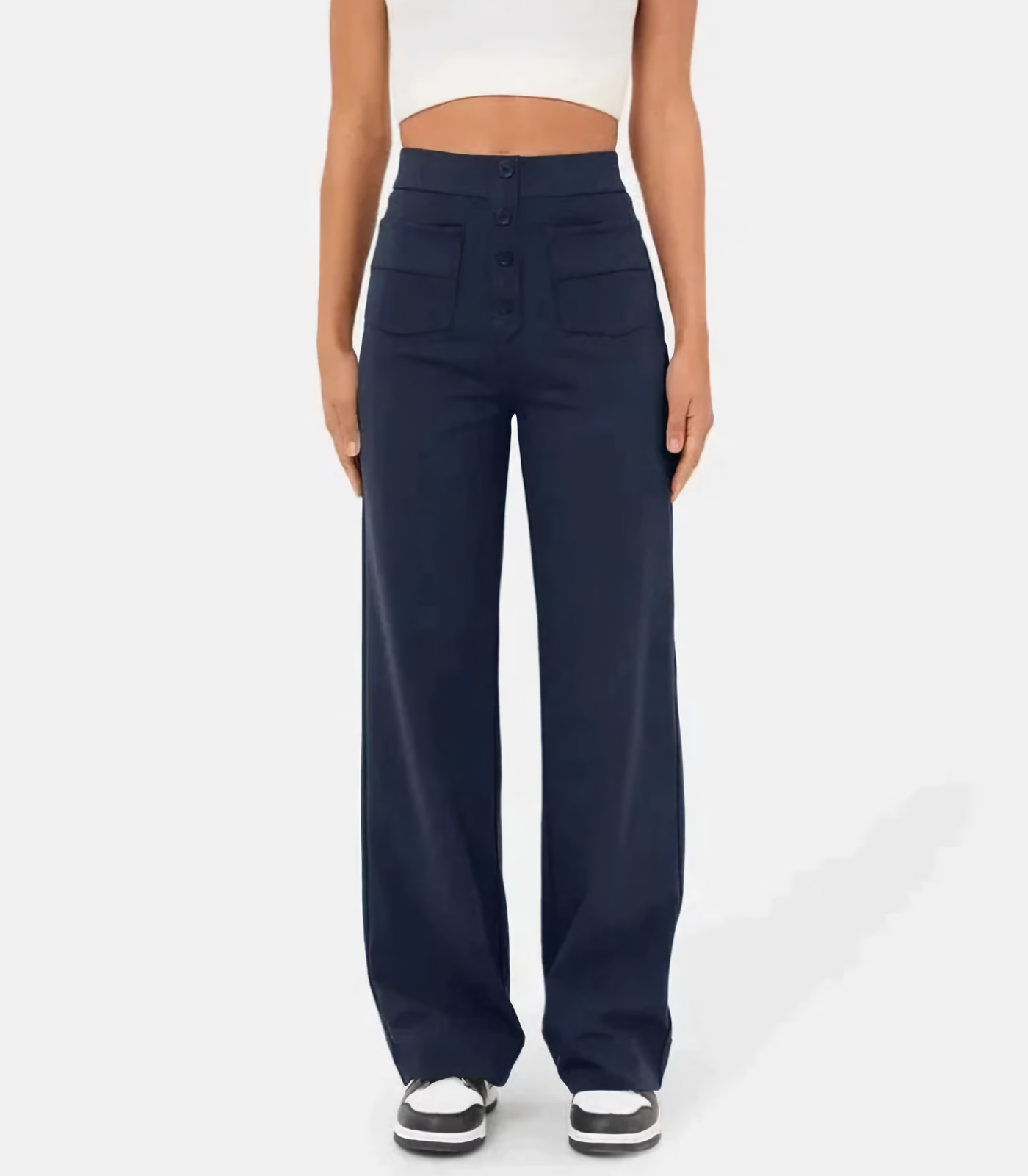 Broek met hoge taille | Elastische taille | Zakken | Broek met wijde pijpen | Dameskleding-Boetiek Moda