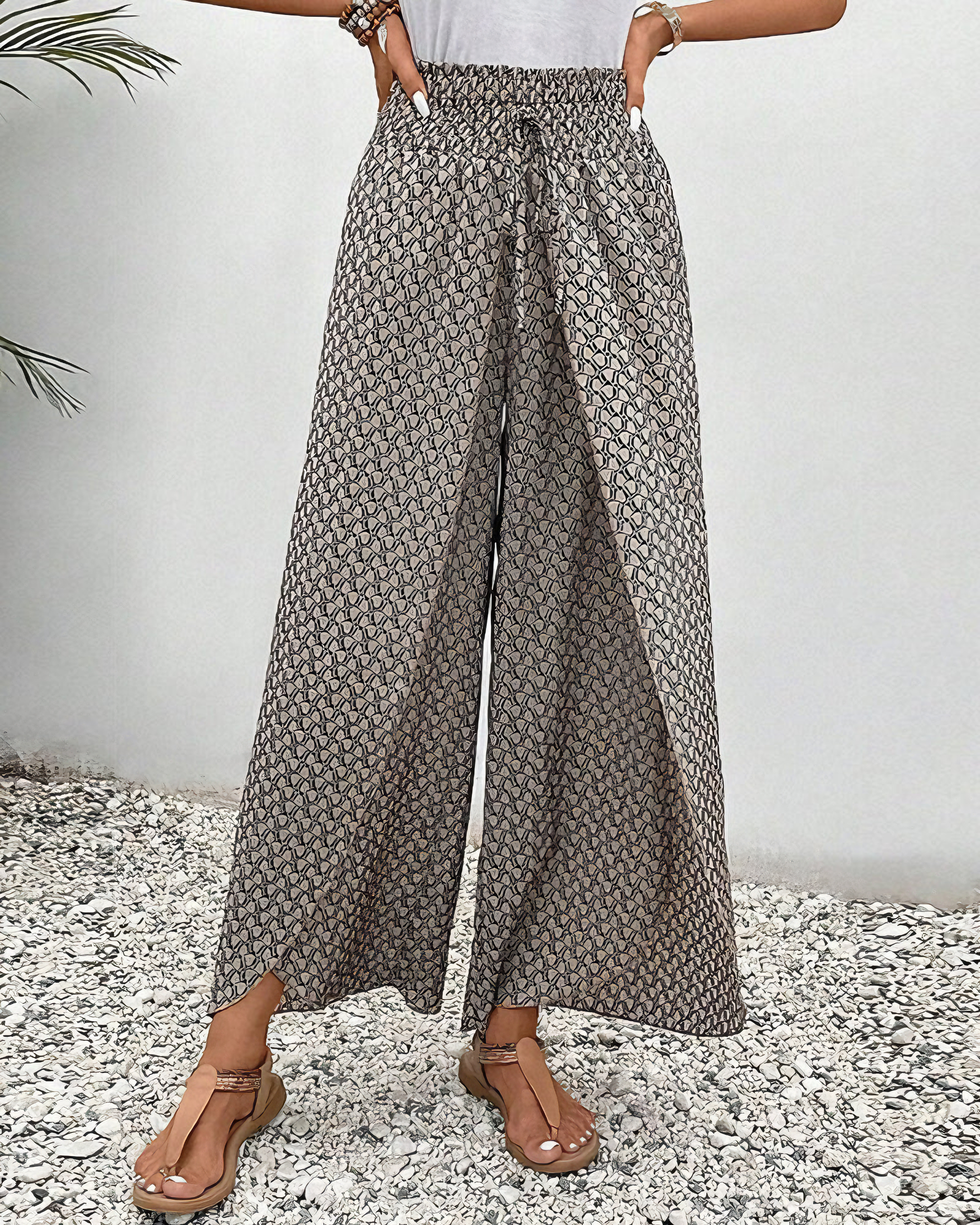 Broek met wijde Pijpen - Gerimpelde taille - Hoge taille - Zomerbroek - Damesbroek-Boetiek Moda