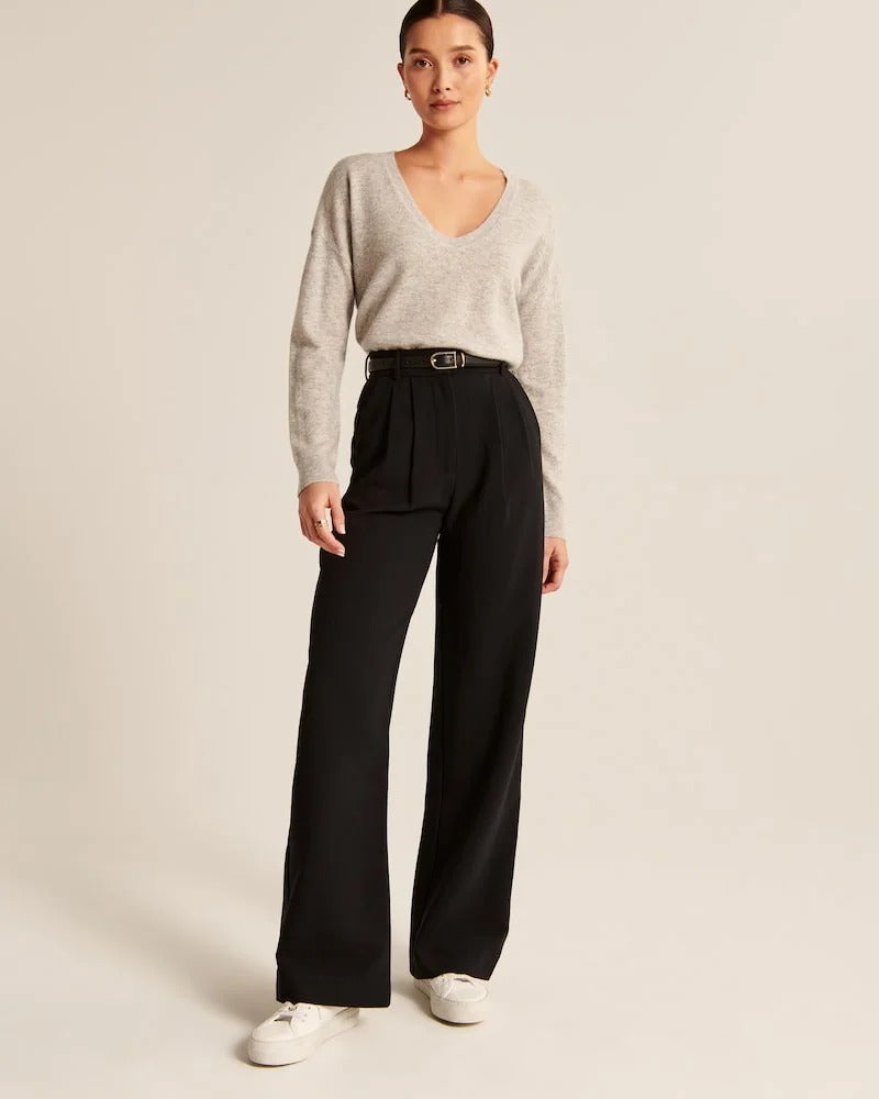 Broek met wijde pijpen - Geplooid - Hoge taille - Broek met wijde pijpen - Damesbroeken-Boetiek Moda