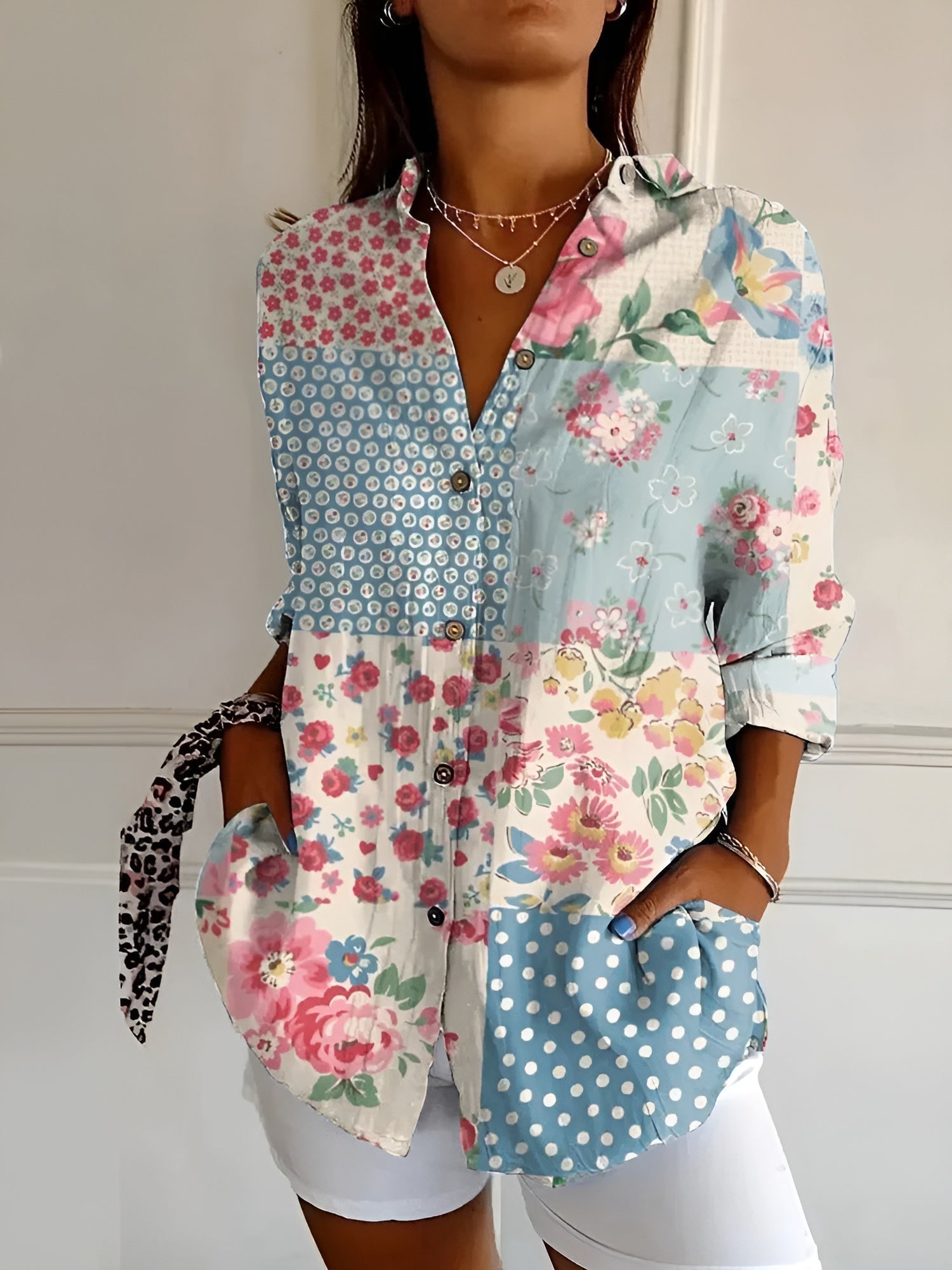 Button-Up Blouse | Bedrukt | Los Pasvorm | Blouse Met Lange Mouwen | Button-Up Overhemden voor Vrouwen-Boetiek Moda