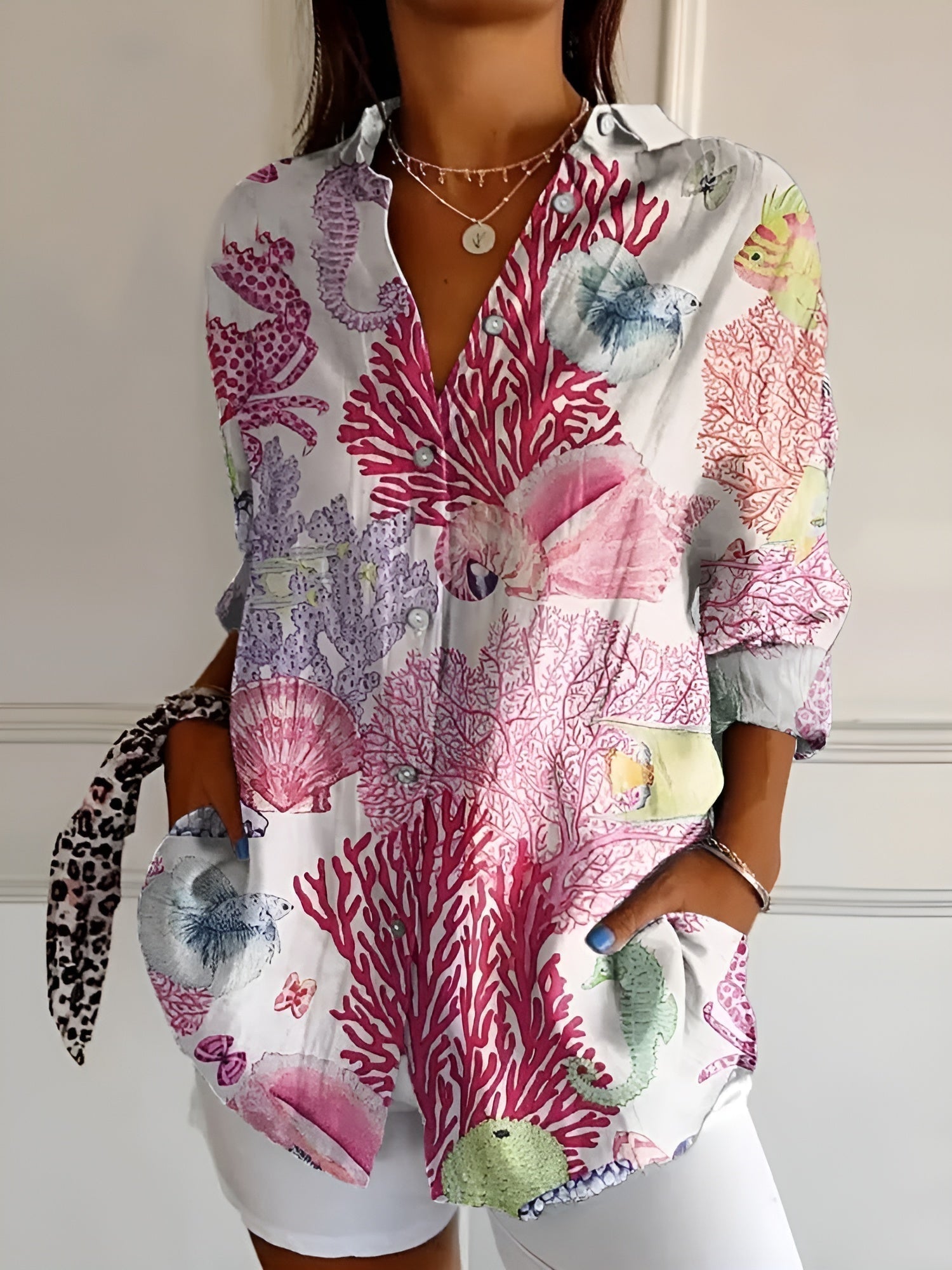 Button-Up Blouse | Bedrukt | Los Pasvorm | Blouse Met Lange Mouwen | Button-Up Overhemden voor Vrouwen-Boetiek Moda
