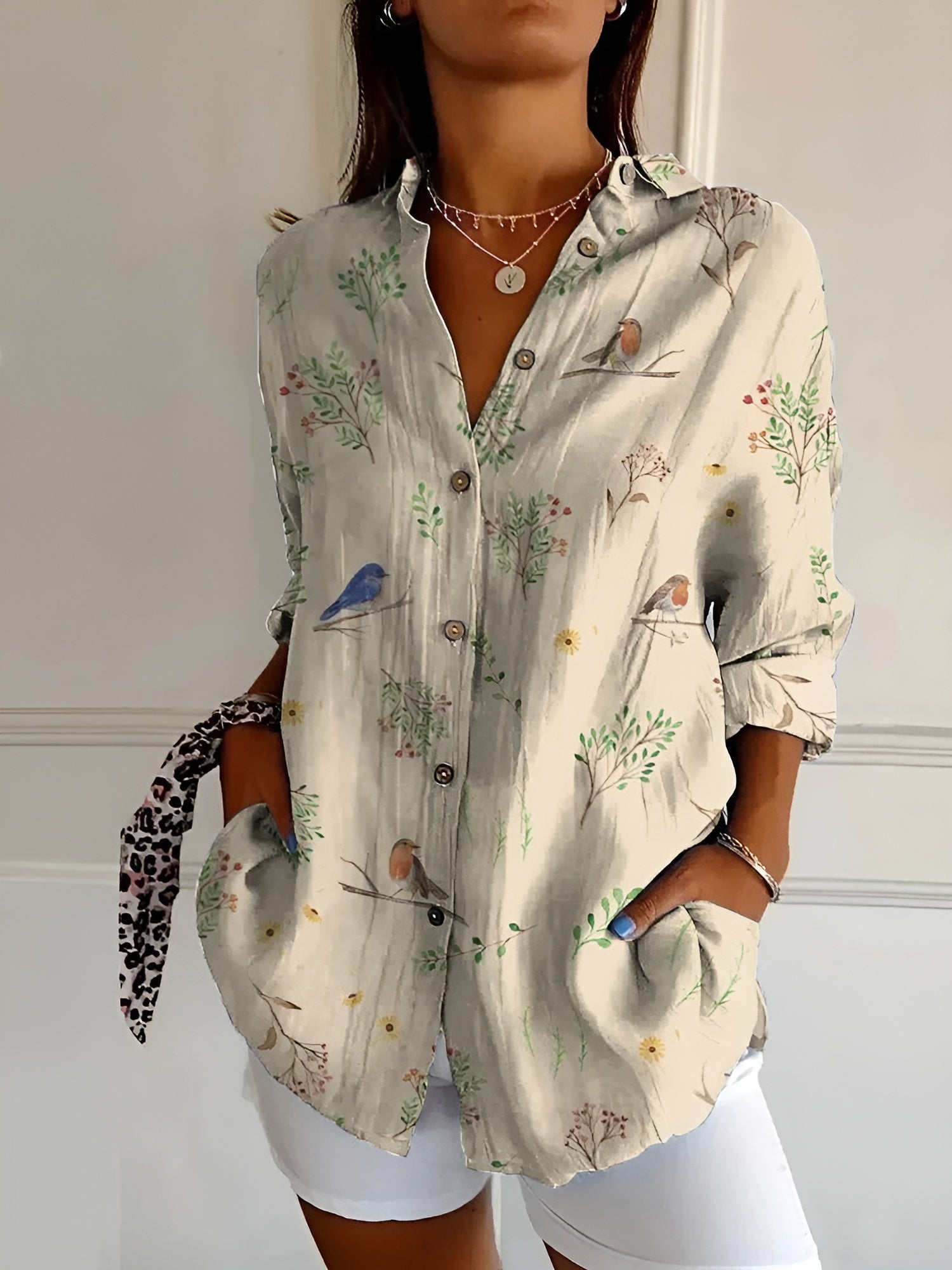 Button-Up Blouse | Bedrukt | Los Pasvorm | Blouse Met Lange Mouwen | Button-Up Overhemden voor Vrouwen-Boetiek Moda