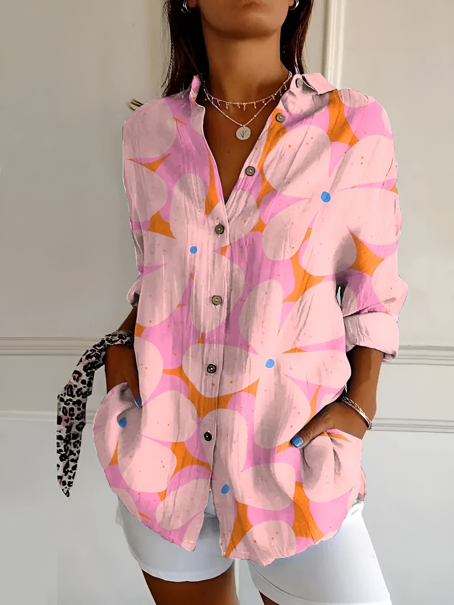 Button-Up Blouse | Bedrukt | Los Pasvorm | Blouse Met Lange Mouwen | Button-Up Overhemden voor Vrouwen-Boetiek Moda