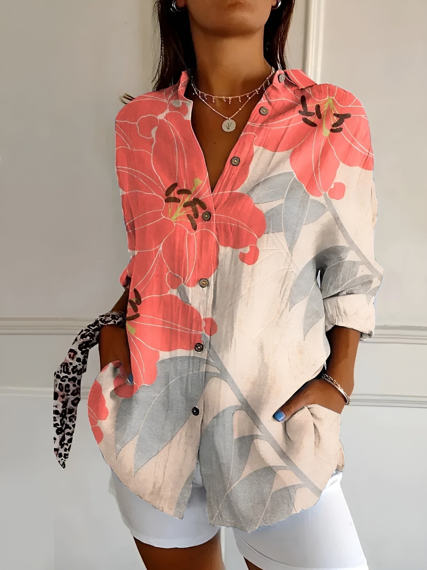 Button-Up Blouse | Bedrukt | Los Pasvorm | Blouse Met Lange Mouwen | Button-Up Overhemden voor Vrouwen-Boetiek Moda