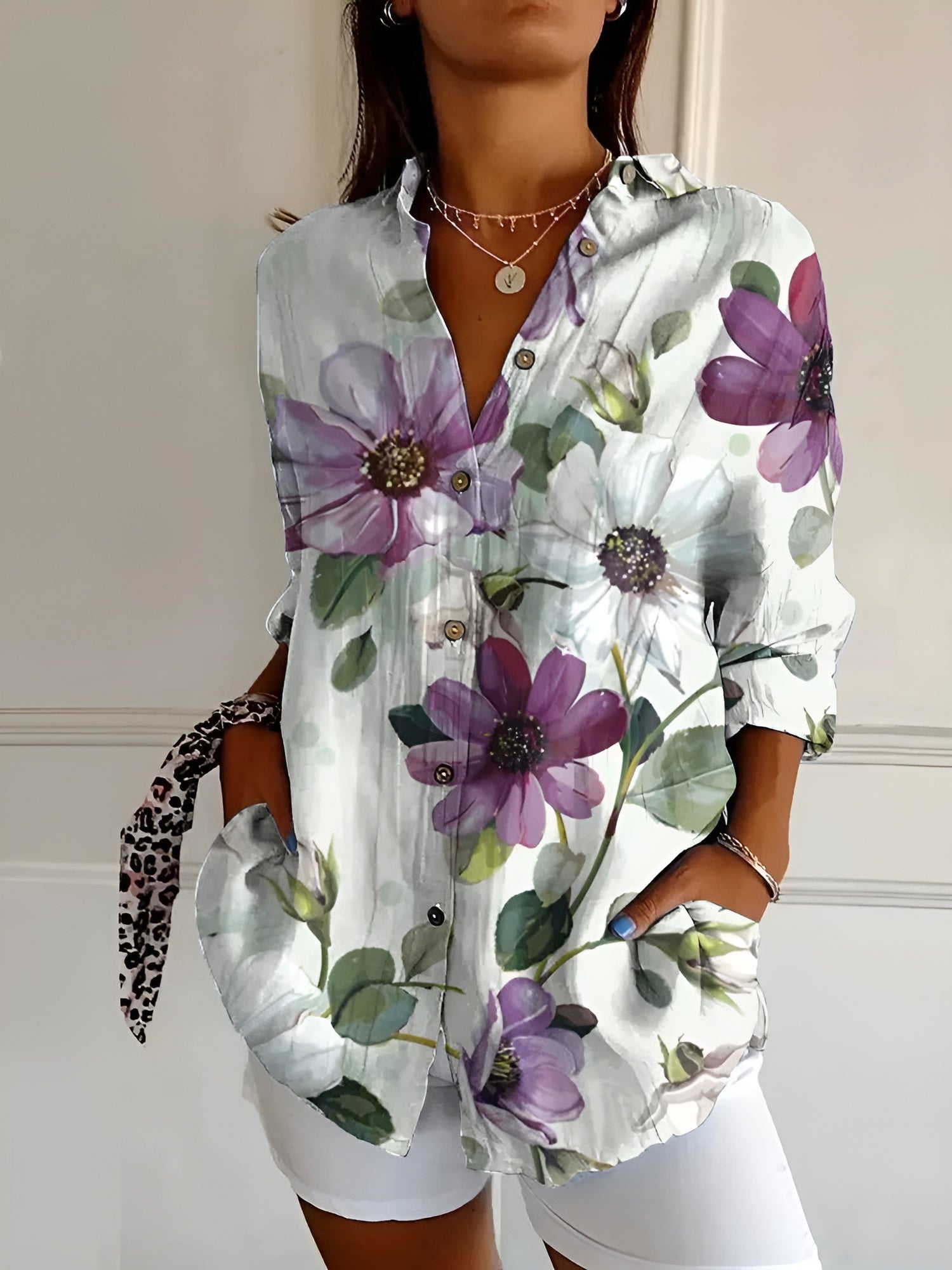 Button-Up Blouse | Bedrukt | Los Pasvorm | Blouse Met Lange Mouwen | Button-Up Overhemden voor Vrouwen-Boetiek Moda