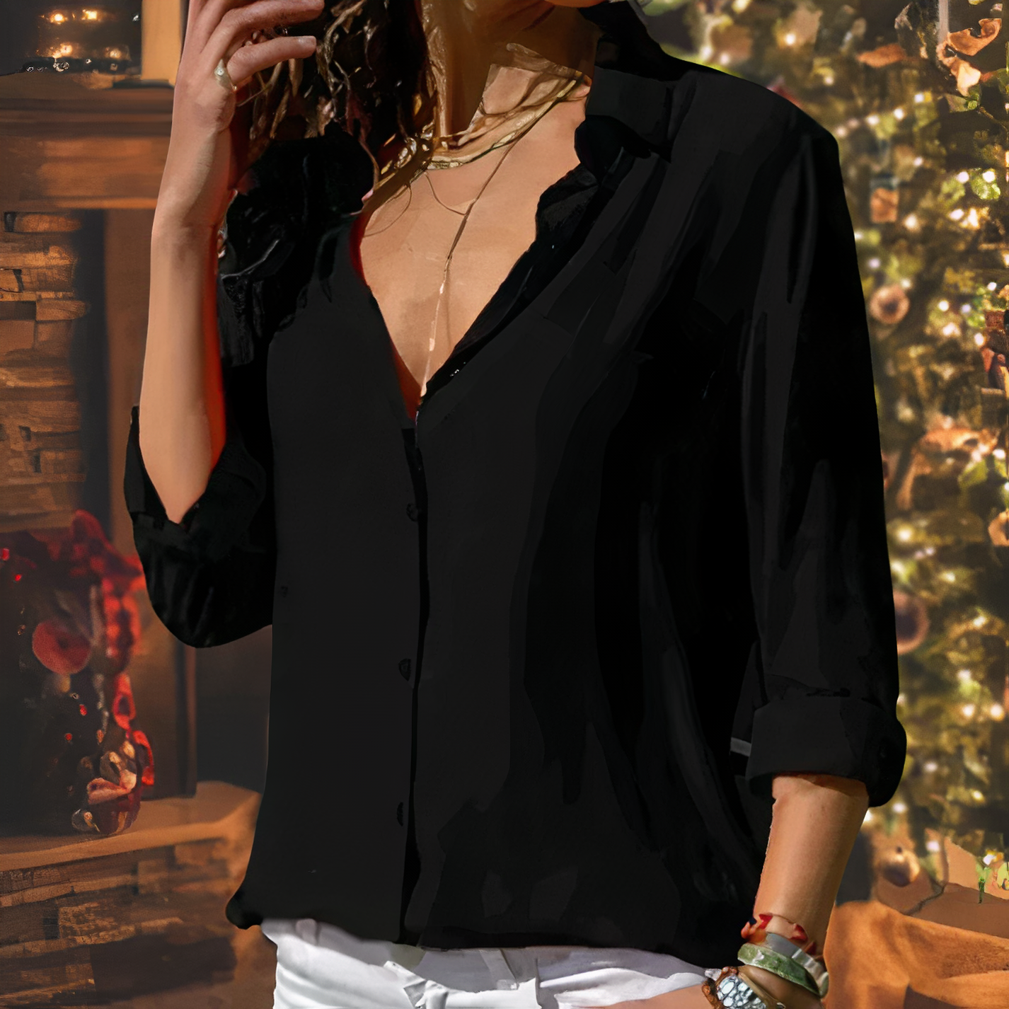 Button-Up Blouse | Los model | Lange Mouw | Dames Button-Up Shirt | Vrouwen Blouse-Boetiek Moda