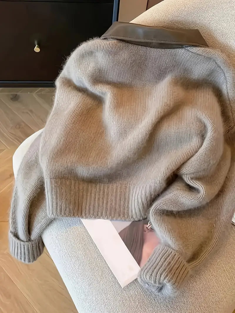 Cardigan met ritssluiting | Lichtbruin | Met kraag | Gebreide cardigan | Damescardigan-Boetiek Moda