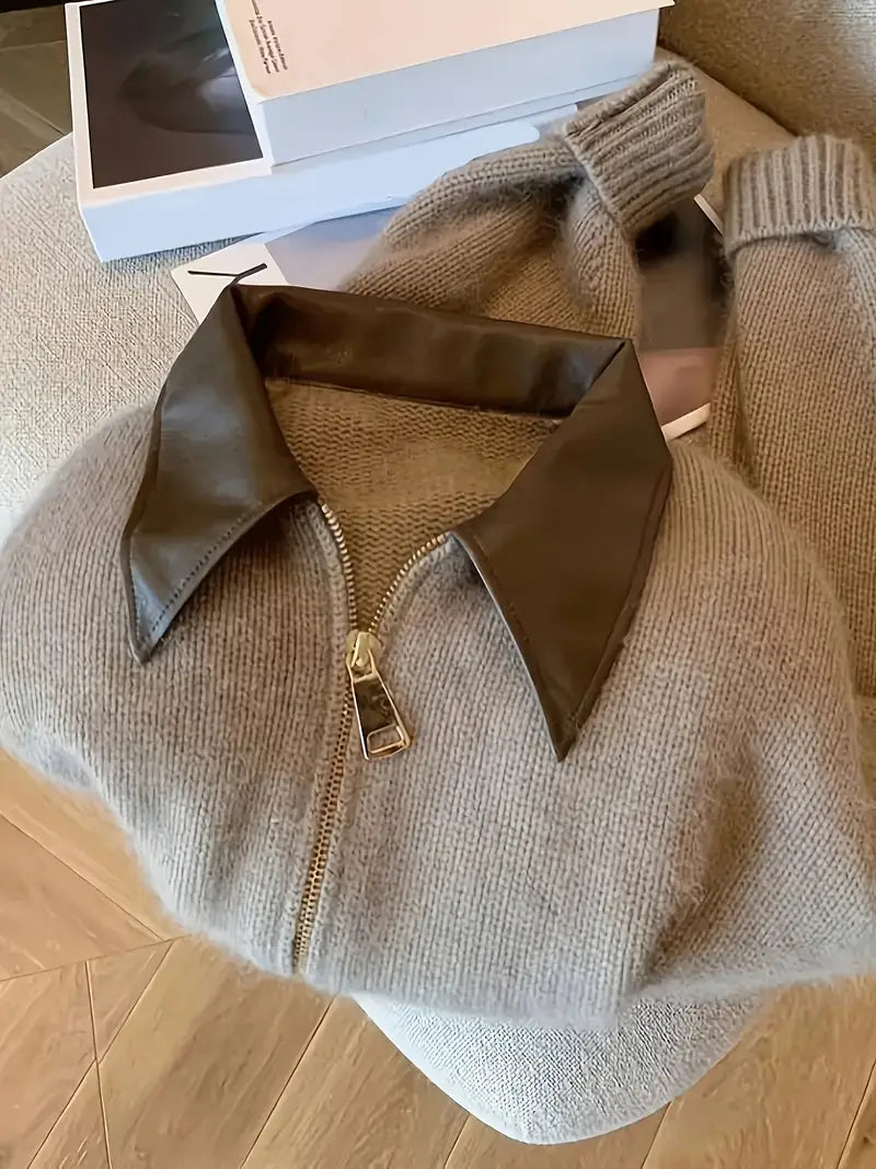 Cardigan met ritssluiting | Lichtbruin | Met kraag | Gebreide cardigan | Damescardigan-Boetiek Moda