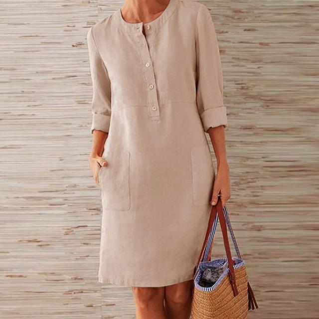 Casual jurk - Knoopsluiting - Lange mouwen - Knie-lengte - Zomerjurk-Boetiek Moda