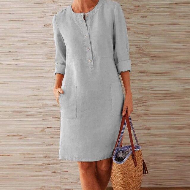 Casual jurk - Knoopsluiting - Lange mouwen - Knie-lengte - Zomerjurk-Boetiek Moda
