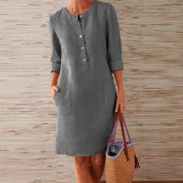 Casual jurk - Knoopsluiting - Lange mouwen - Knie-lengte - Zomerjurk-Boetiek Moda