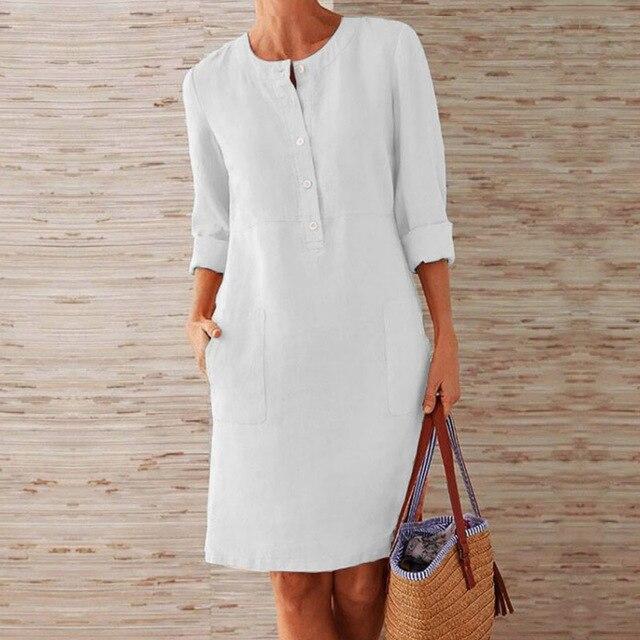 Casual jurk - Knoopsluiting - Lange mouwen - Knie-lengte - Zomerjurk-Boetiek Moda