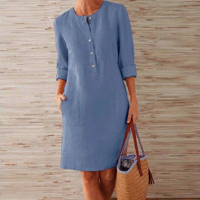 Casual jurk - Knoopsluiting - Lange mouwen - Knie-lengte - Zomerjurk-Boetiek Moda