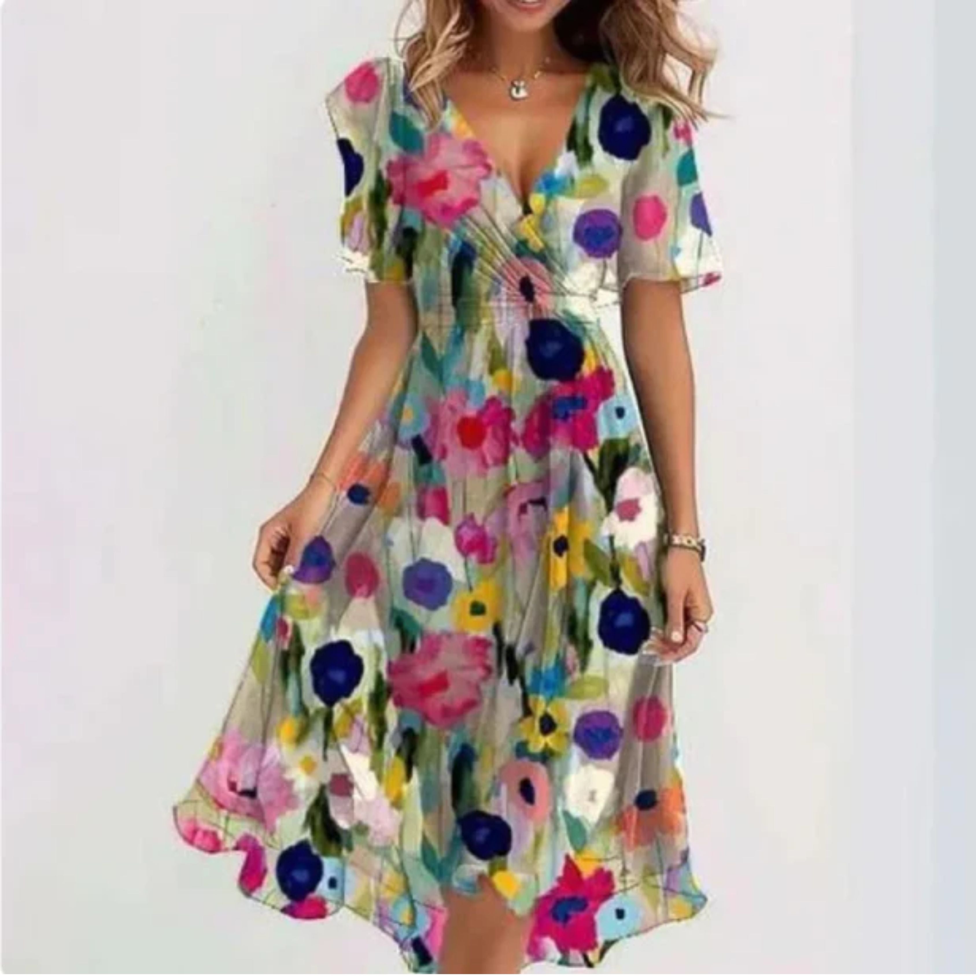 Chiffon jurk - V-hals - Vlindermouw - Midi jurk - Zomerjurk-Boetiek Moda