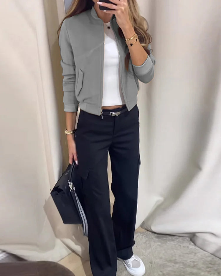 Co-Ord Set - Damesjas en Cargo Broek met Rechte Pijpen Tweedelige Set-Boetiek Moda
