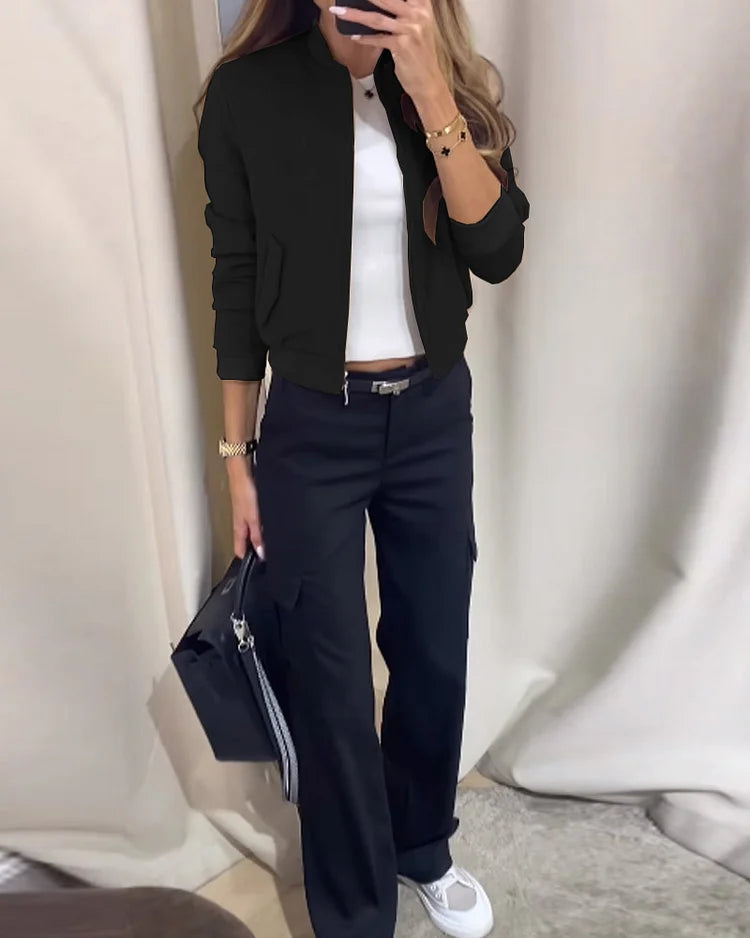 Co-Ord Set - Damesjas en Cargo Broek met Rechte Pijpen Tweedelige Set-Boetiek Moda