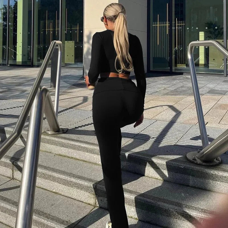 Co-Ord Set - Lange mouwen - Hoge taille - Broek en crop top set - Tweedelige set voor dames-Boetiek Moda