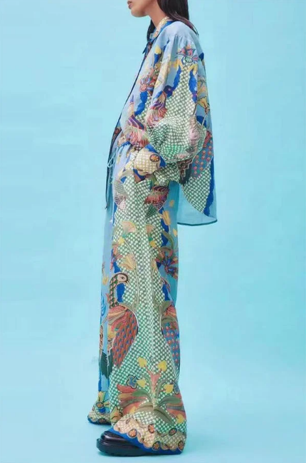 Co-Ord Set - Tweedelige Damesblouse met print en Wijde Broek-Boetiek Moda