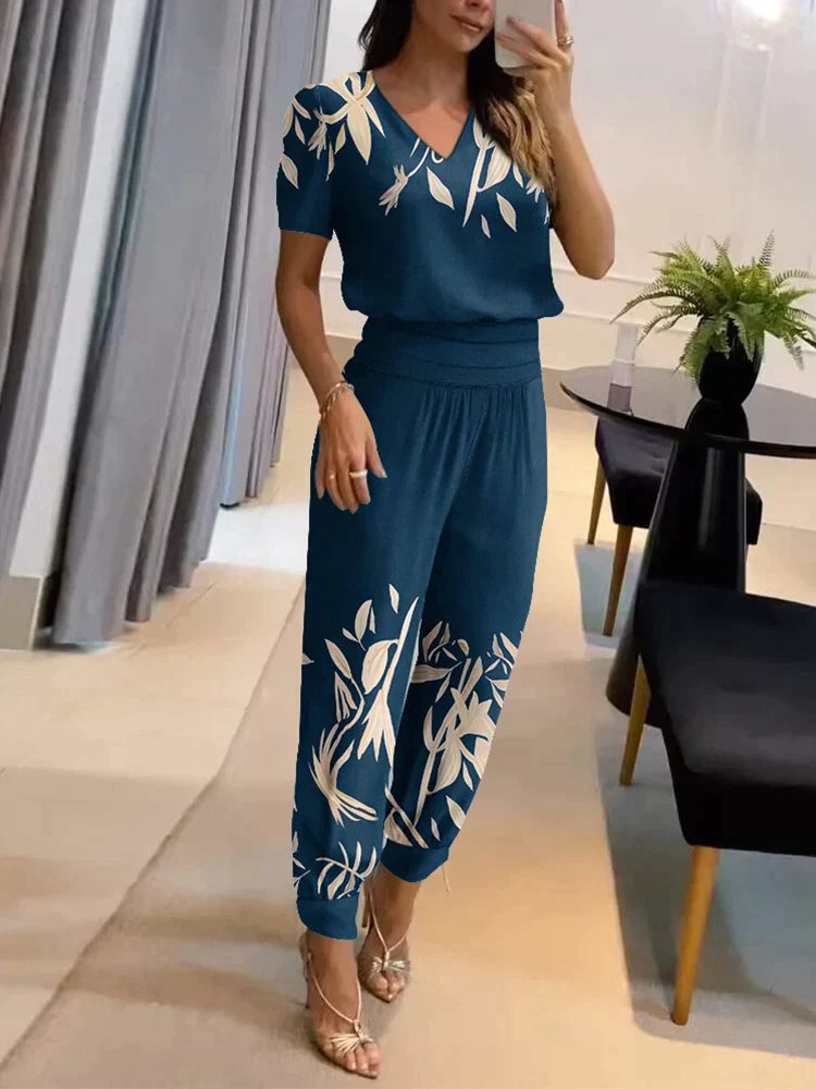 Co-Ord Set - Tweedelige Damesset met Korte Mouw Blouse en Hoge Taille Broek-Boetiek Moda